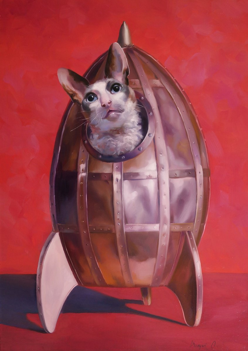 Surrealistic Animal Oil Painting By Lena Vylusk, 20 X 28", "Space Cat", Original Artwork