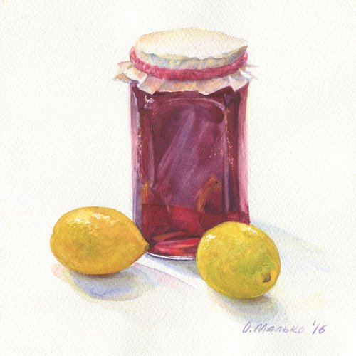 Lemons & Jam / Fruit still life Lemon watercolor Kitchen wall art by Olha Malko