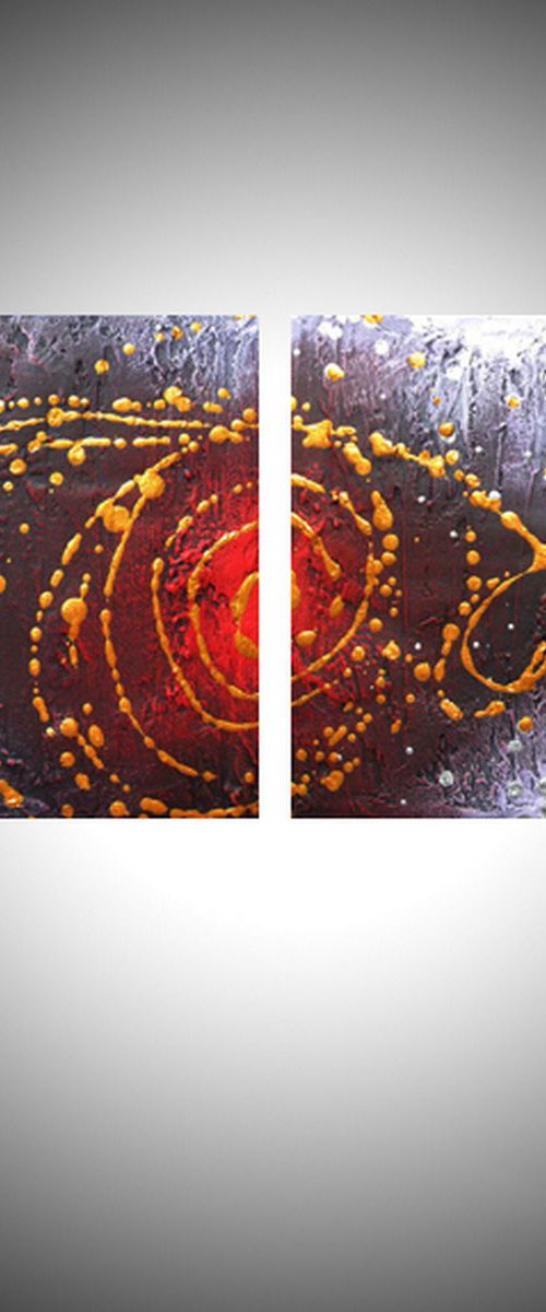 large triptych metallic wall art gold silver abstract original painting galaxy " Cosmic Symphony " diptych canvas purple crimson red - 40 x 16 inche by Stuart Wright
