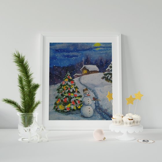 Night watchman, Christmas and New Year watercolor greeting card