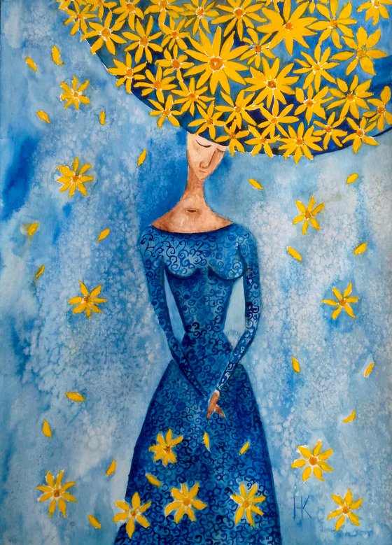 "Daisy" original watercolor painting woman and yellow flowers daisy classic blue dress