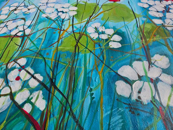 Red field poppies, blue red white abstraction