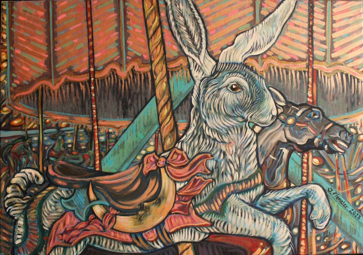 Urban And Pop Acrylic Painting , A Rabbit And Mule Carousel By Joanna Plenzler, 39 X 28, Artwork For Sale On Artfinder