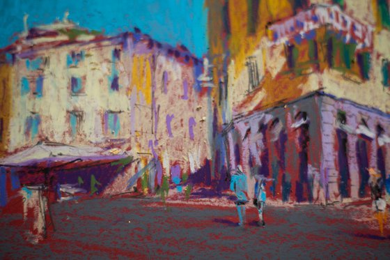 Verona Street. Sunny urban landscape. Italy small oil pastel impressionistic interior painting bright sunny
