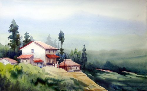 Beauty of Himalayan Rural Landscape - Watercolor on Paper by Samiran Sarkar