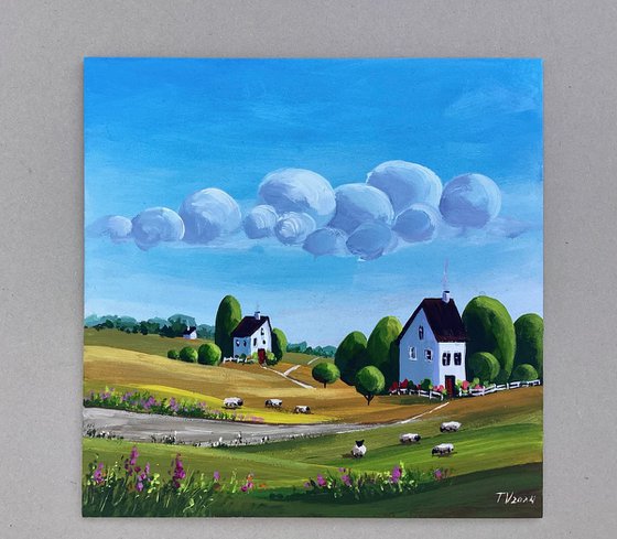 Naive country landscape. Acrylic painting. 8x8