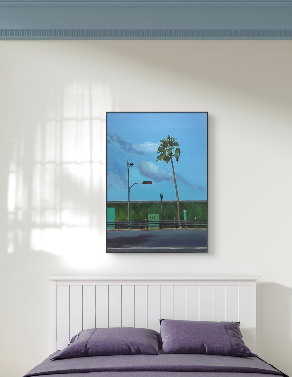 Photorealistic Cityscapes Acrylic Painting By Guzel Min, 21 X 29, Palm And Traffic Light, Original Artwork