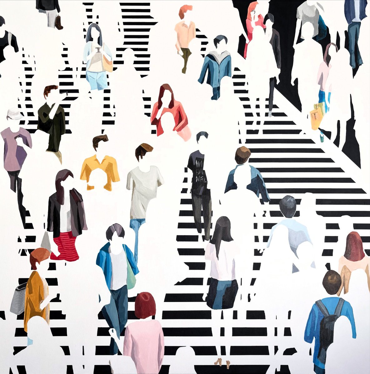 Urban And Pop Cityscapes Acrylic Painting By Martta Garcia, 39 X 39", Human Geography, Original Artwork