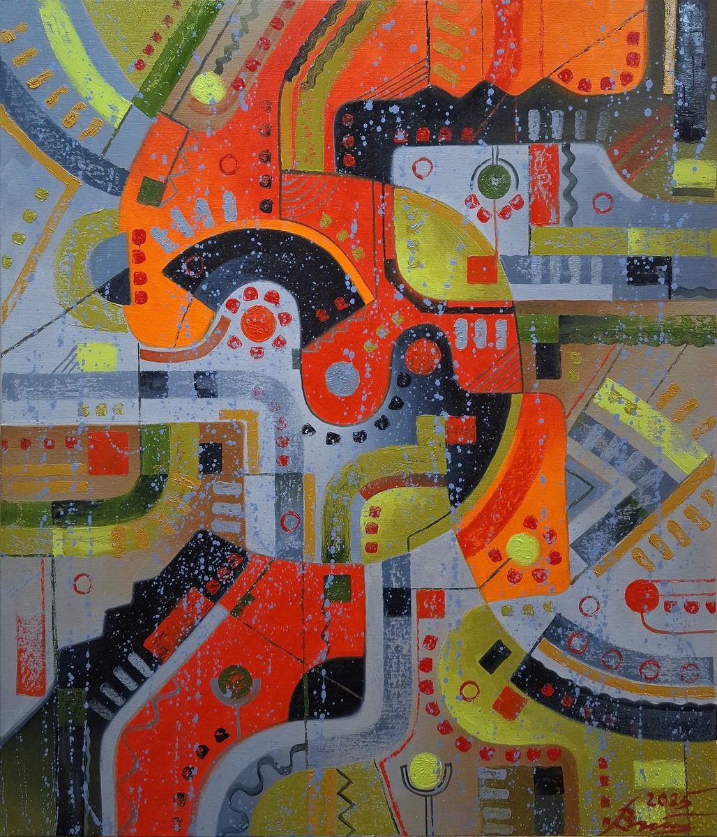 Abstract Oil Painting By Serhii Voichenko, 24 X 27", City Walk, Original Artwork