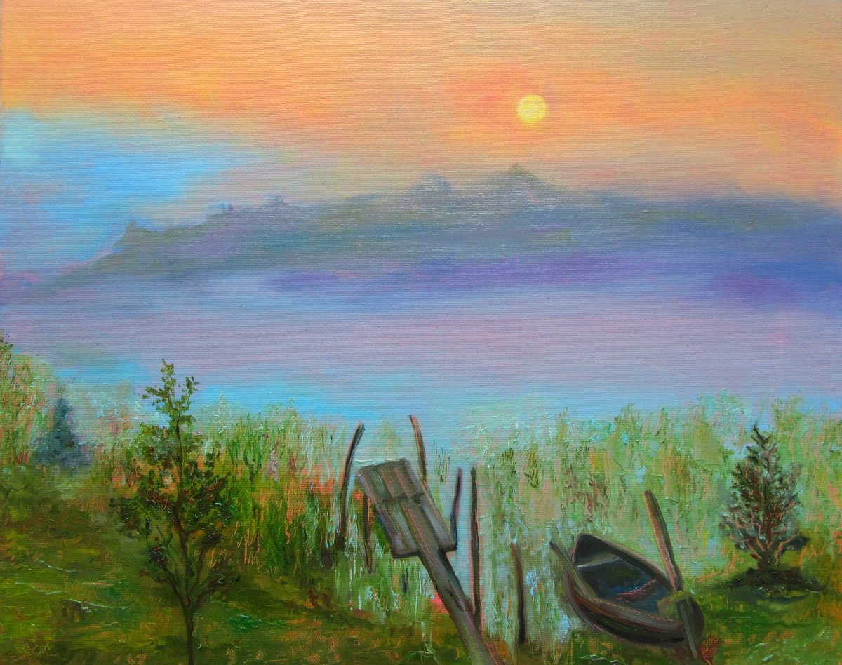 Impressionistic Landscape Oil Painting By Katia Ricci, 20 X 16", Sunset At River, Original Artwork