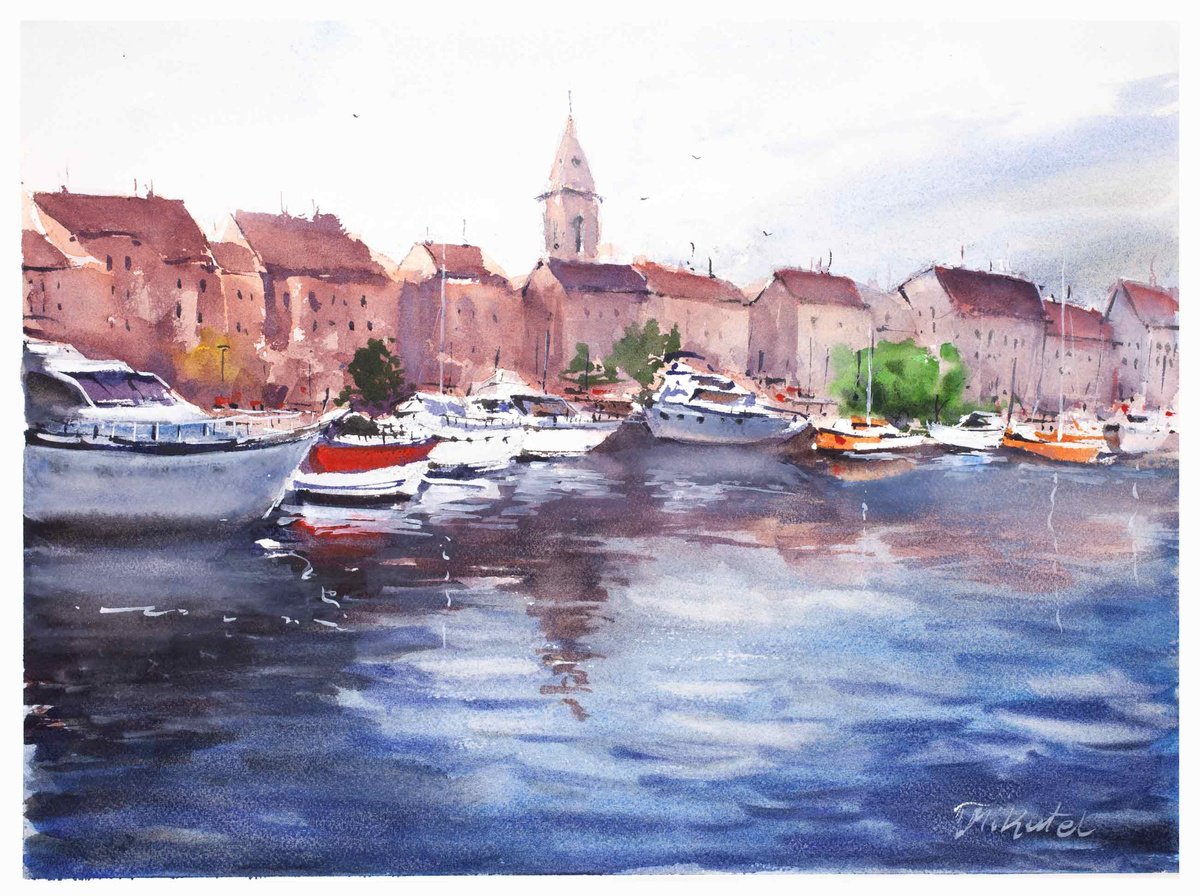 Landscape Watercolour By Tomasz Mikutel, 16 X 12", Saint Florent - Italy, Original Artwork