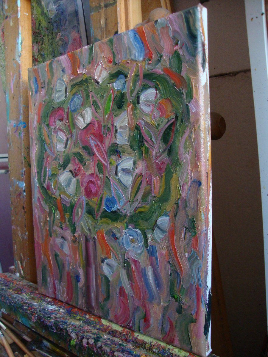 Abstract Botanical Oil Painting By Olga Knezevic, 10 X 12", Little Tree Of Joy, Original Artwork