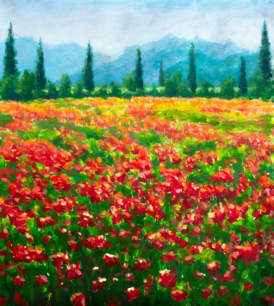 Summer red poppies, roses, tulips flowers in green grass field Italian tuscany tall trees cypresses, blue mountains France landscape nature acrylic original painting on canvas artwork fine art