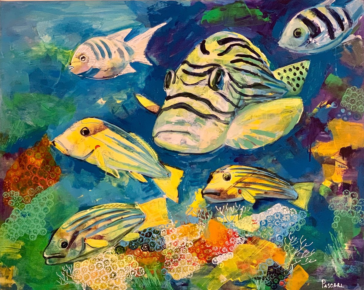 Impressionistic Animal Acrylic Painting By Olga Pascari, 39 X 31", Exotic Fish, Original Artwork