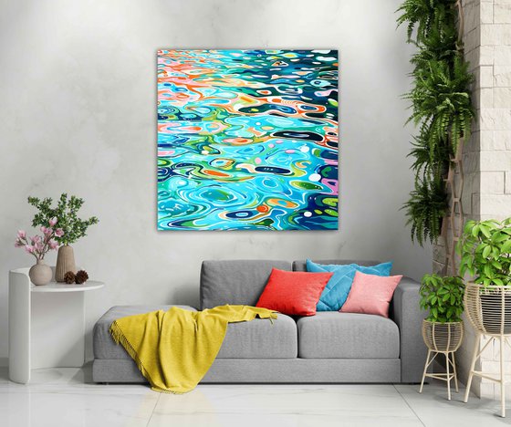 Turquoise deep blue green sea ocean, cool color waves with bright sun glares. Impressionistic artwork. Large wall art home decor. Art Gift