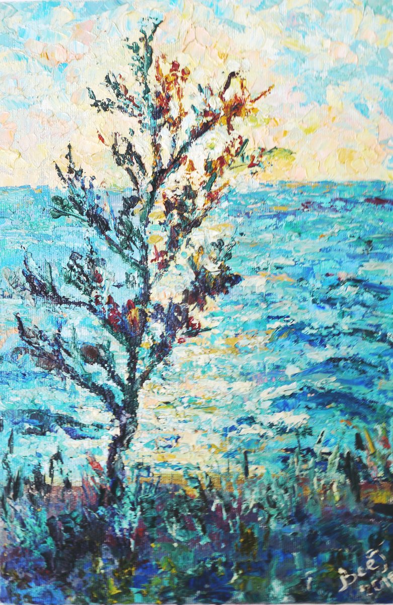 Impressionistic Landscape Oil Painting By Tetiana Pchelnykova, 7 X 12", Sunrise Seascape, Original Artwork