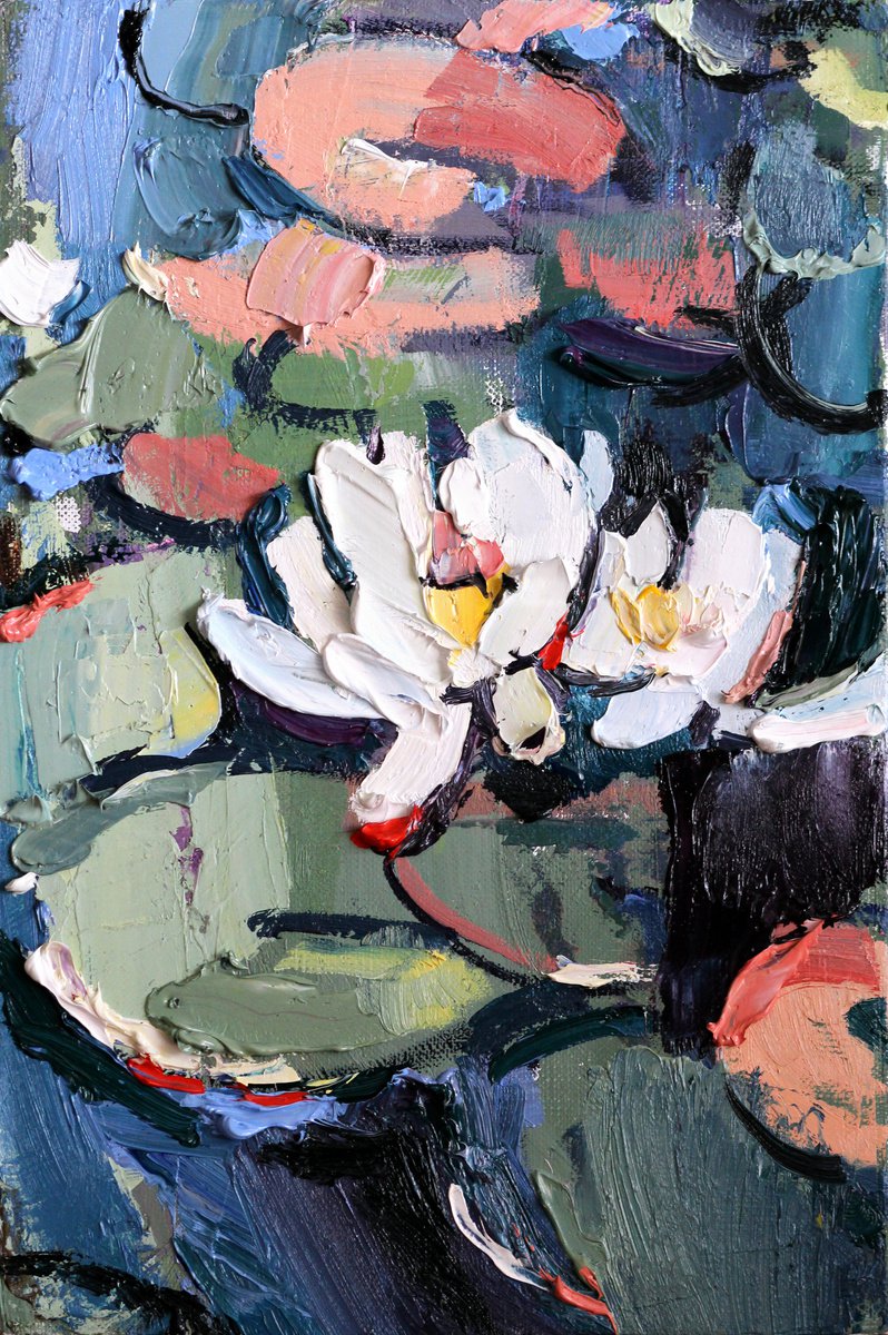 White lilies, Pond, Floral, Flowers, Contemporary painting, Gift art by Yuliia Meniailova