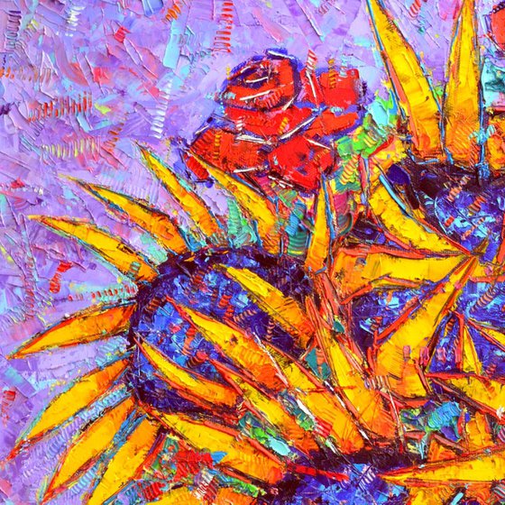 ABSTRACT SUNFLOWERS AND RED ROSES contemporary impressionist textural impasto original palette knife oil painting by Ana Maria Edulescu