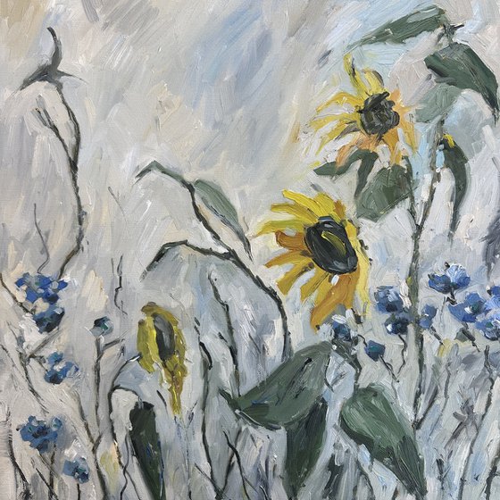 Sunflowers on a Gray Background