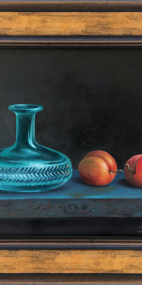 Glass vase with plums (21x27cm, oil on panel) by Gevorg Sinanian