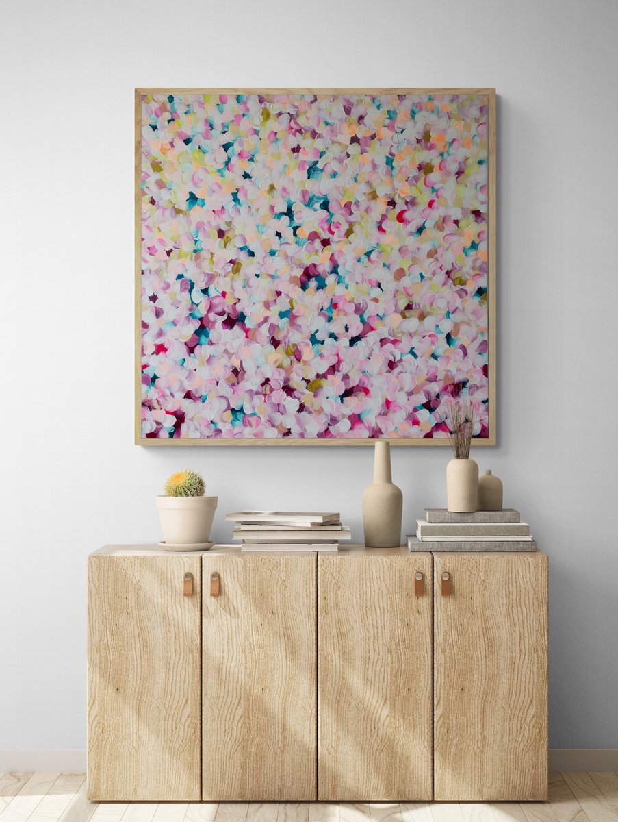 Organic Botanical Acrylic Painting By Katherine Spiller, 37 X 37", Cherry Blossom Song, Original Artwork