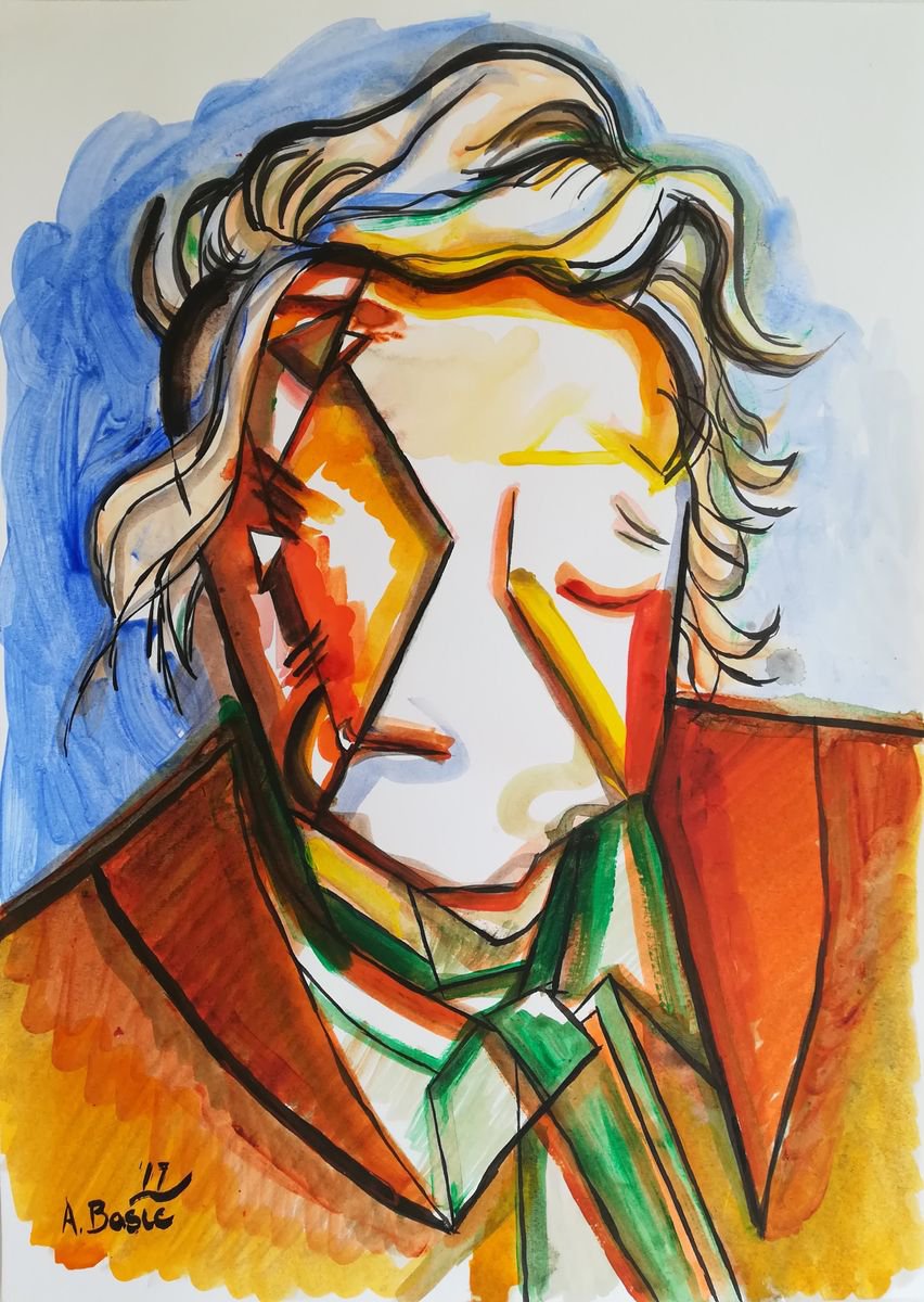 Geometric Portrait Painting By Aleksandar Basic, 12 X 17, Alice Neel, Original Artwork