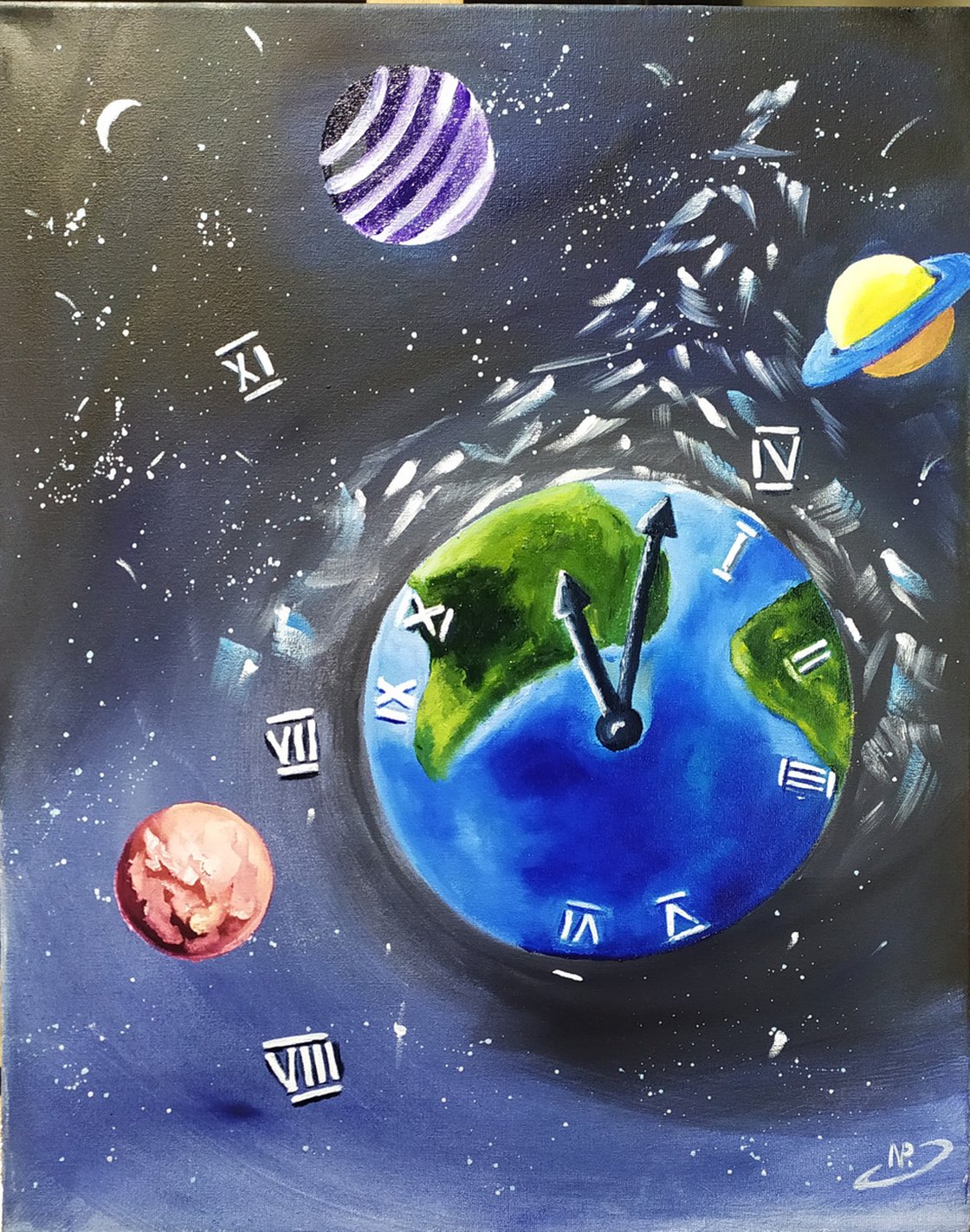 Lost time, original surreal planet painting, wall decor, art for