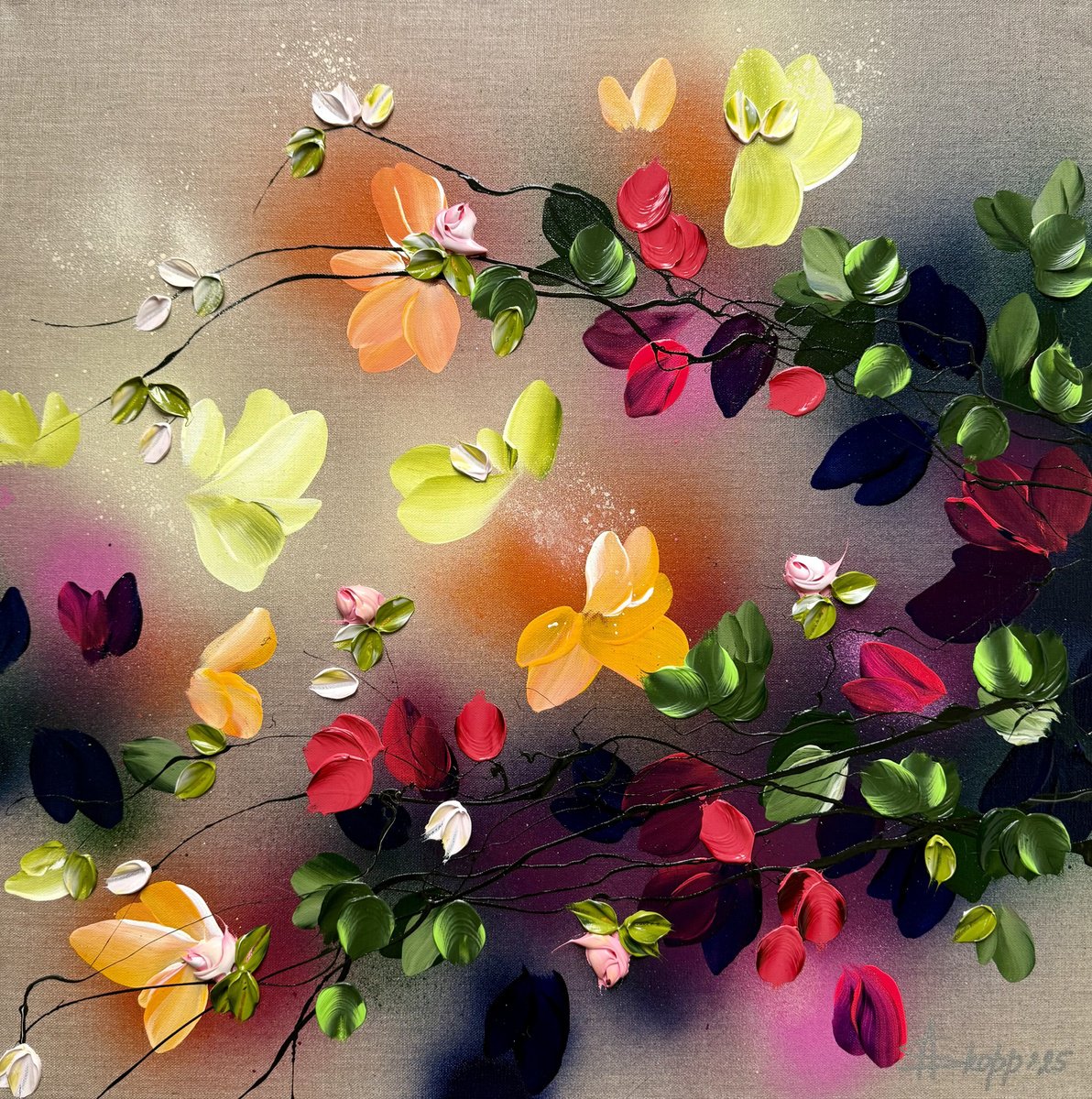 Expressive Botanical Acrylic Painting By Anastassia Skopp, 24 X 24, Autumn Day Iii, Original Artwork