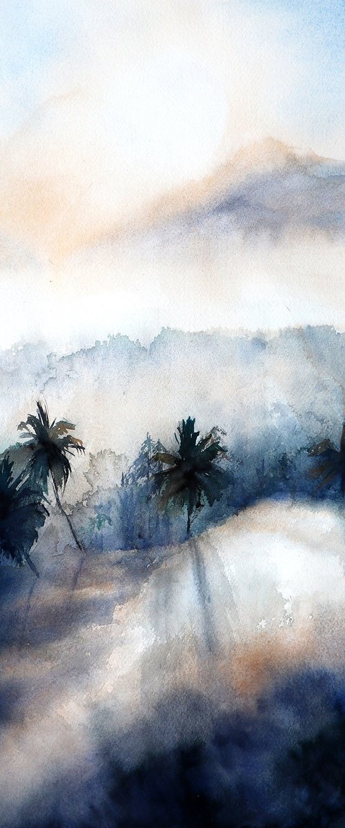 Foggy morning in Bali - Original Watercolor Painting by Yana Shvets