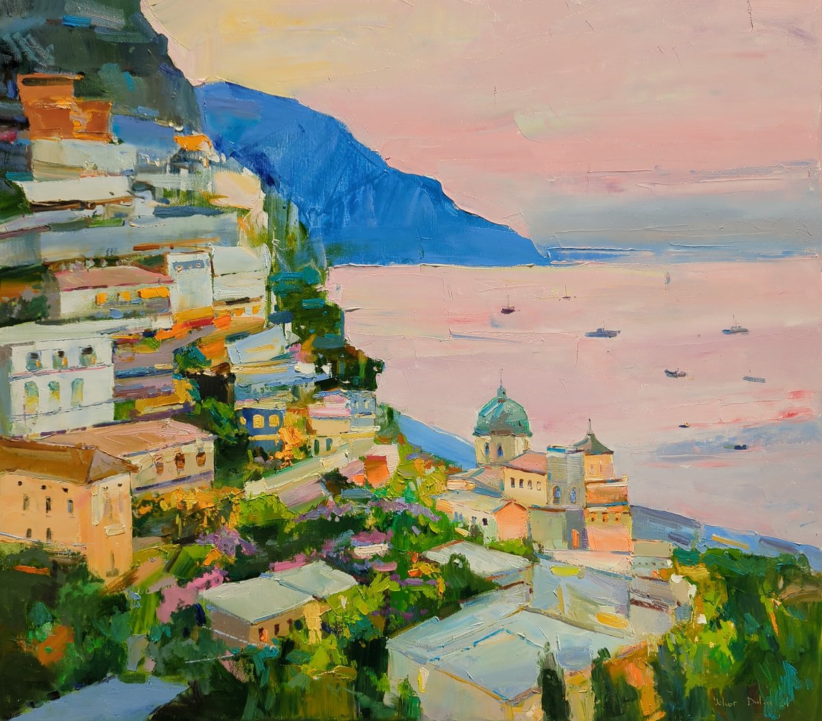 Impressionistic Landscape Oil Painting By Yehor Dulin, 31 X 28", " Amalfi ", Original Artwork