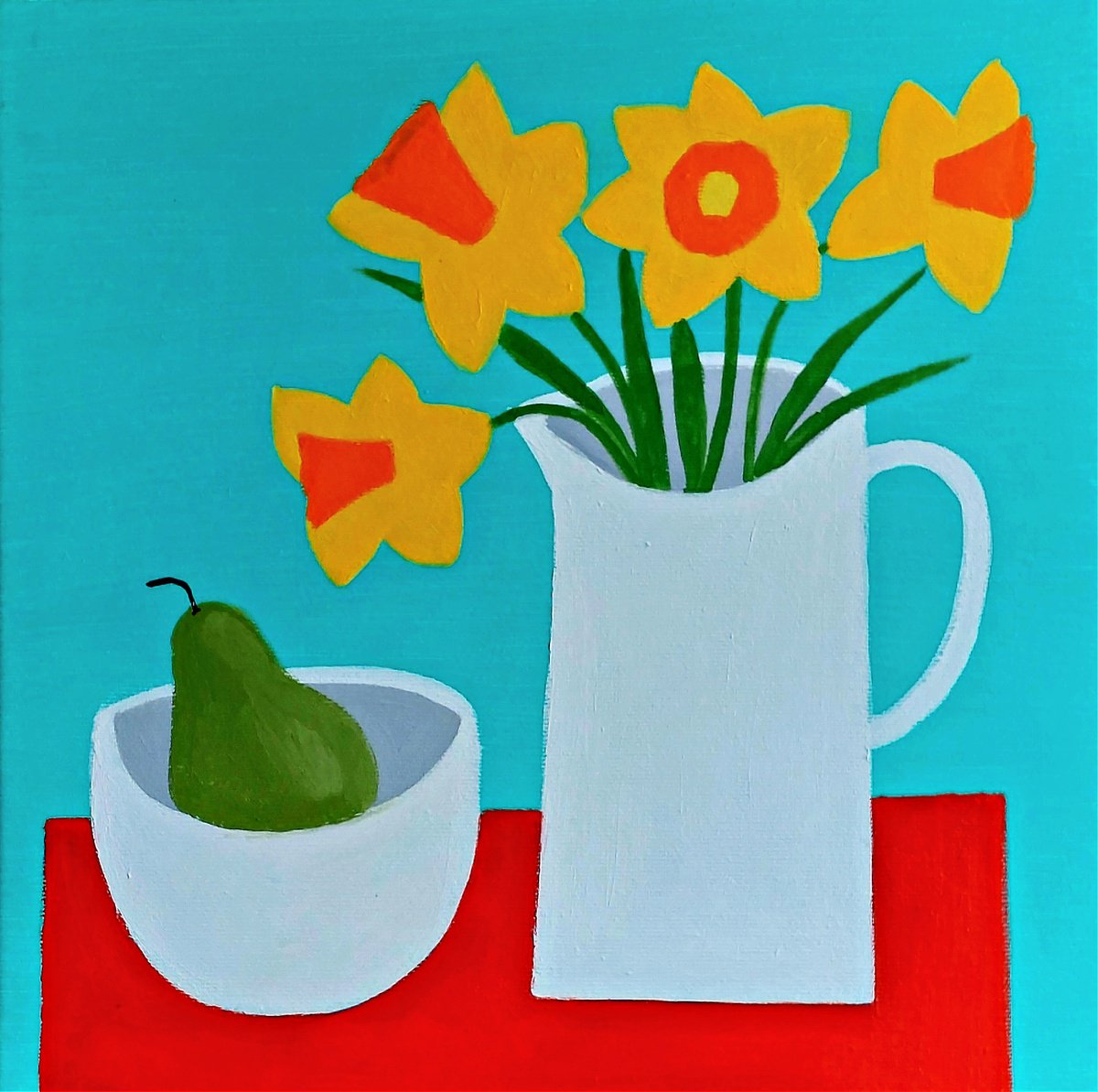 Naive Still Life Acrylic Painting By Jan Rippingham, 12 X 12, Still Life With Daffodils Ii, Original Artwork