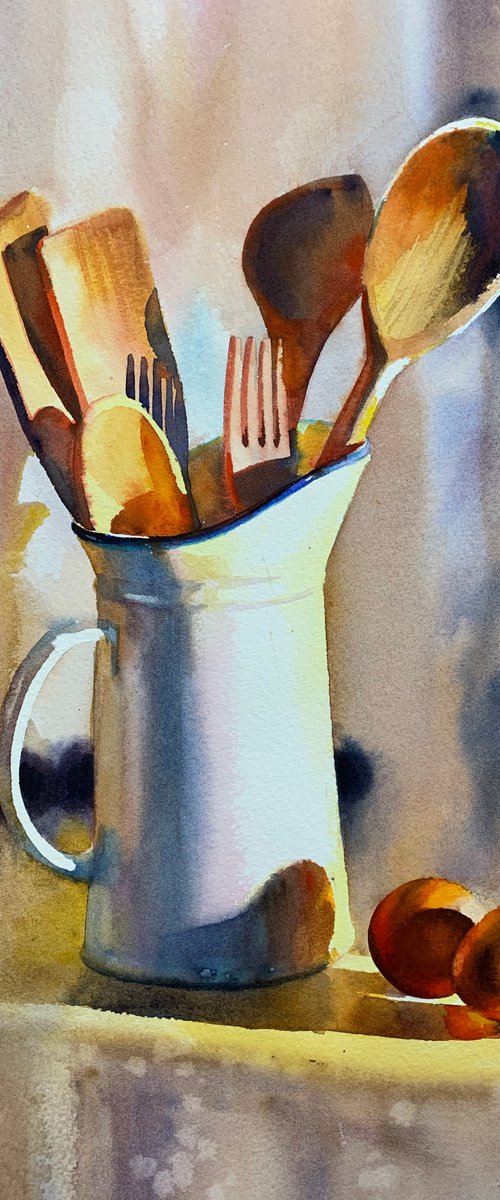 Jug with wooden spoons by Samira Yanushkova