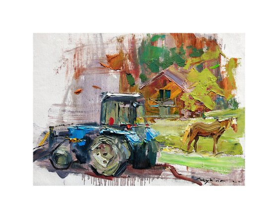 Moments of walk in village | Rural landscape with a horse , tractor and a house | Original oil painting