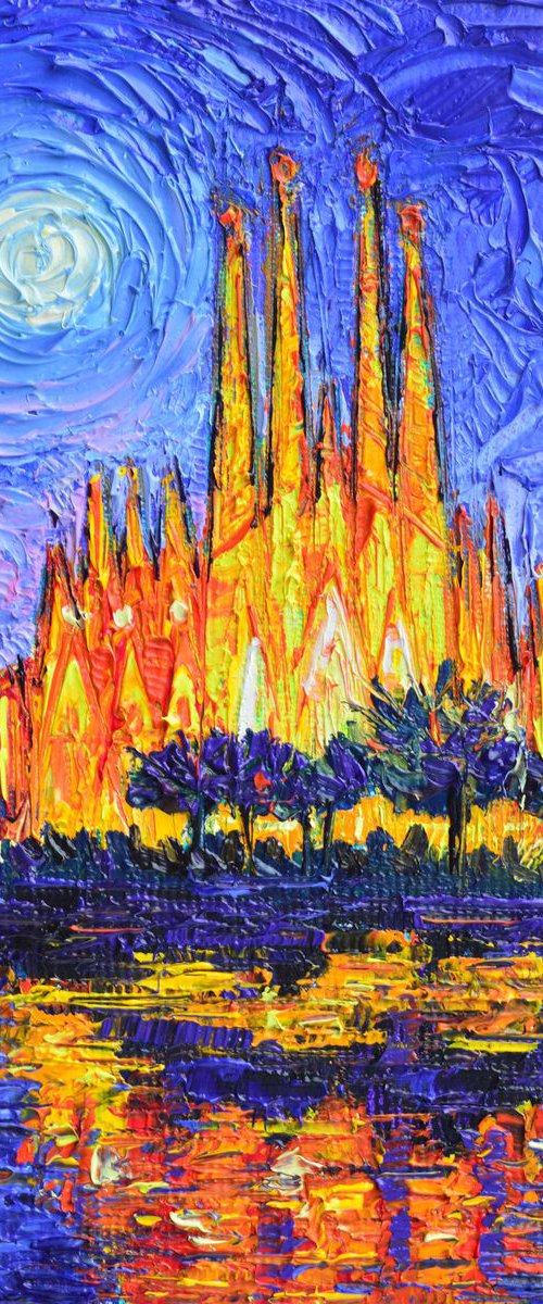 SAGRADA FAMILIA ILLUMINATED - BARCELONA FULL MOON NIGHTSCAPE modern impressionism impasto textural palette knife oil painting abstract cityscape by Ana Maria Edulescu by ANA MARIA EDULESCU