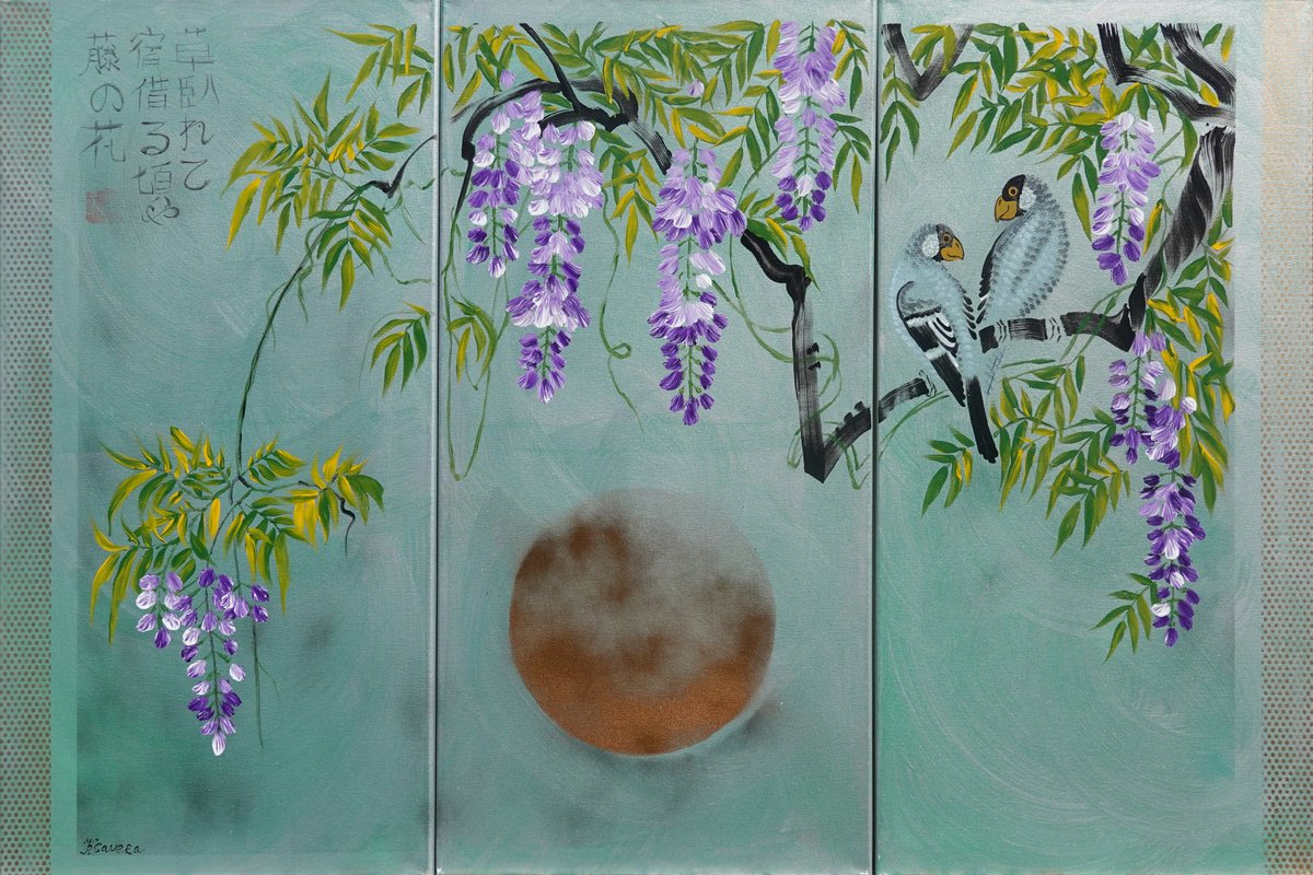 Japanese lilac wisteria and love birds J359 - large emerald silver triptych, original art by Ksavera