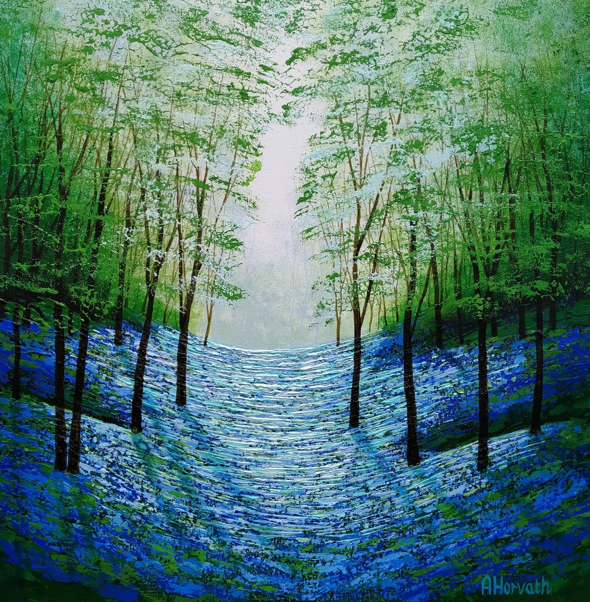 Impressionistic Botanical Acrylic Painting By Amanda Horvath, 20 X 20, Wild Blue Woods, Original Artwork