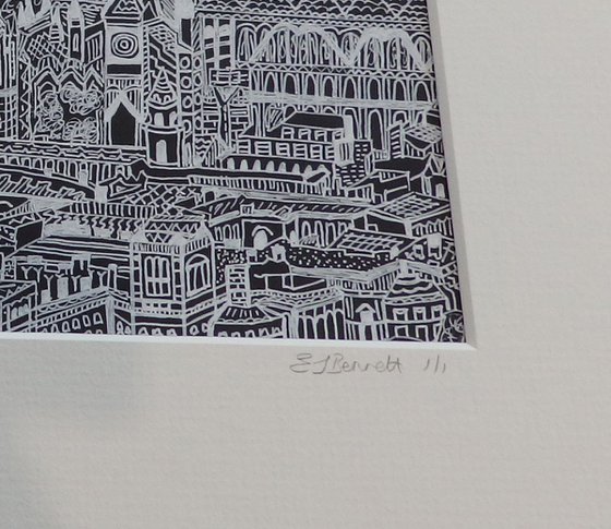 London skyline and the River Thames black and white drawing with collage detail