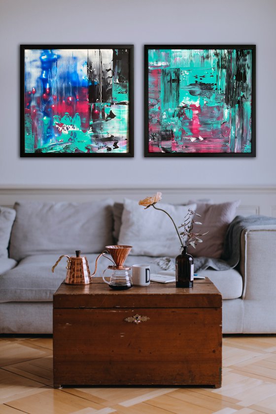 "Swipe Left" - Save As A Series - Original PMS Abstract Diptych Acrylic Paintings On Plexiglass, Framed - 52" x 26"