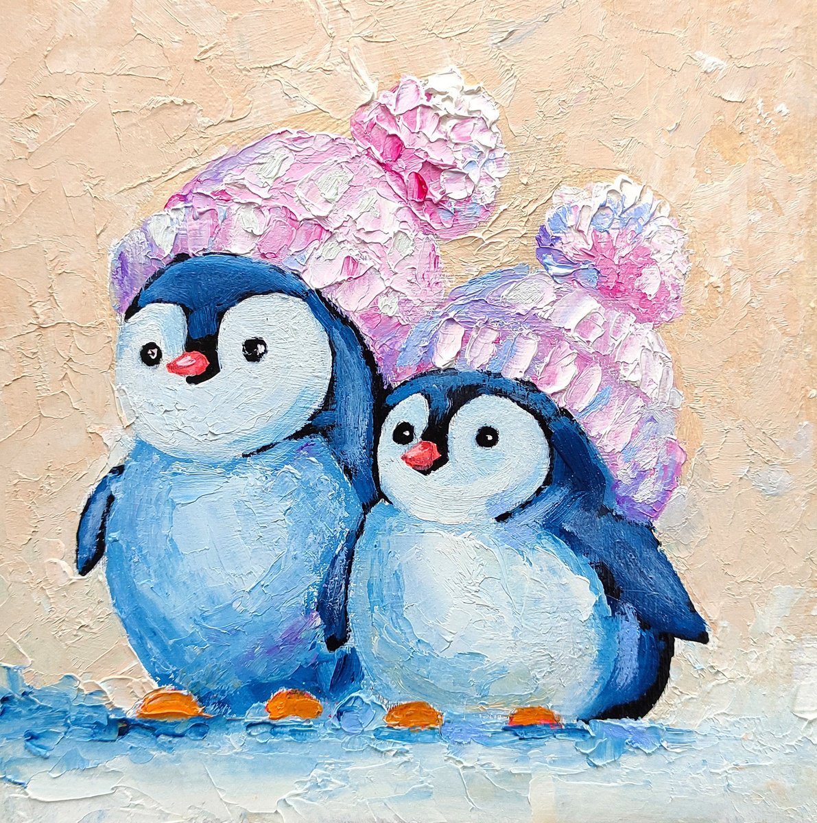 Pair Cute Penguins Painting by Yulia Berseneva