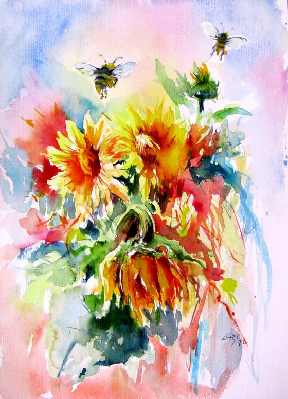 Sunflowers with bees