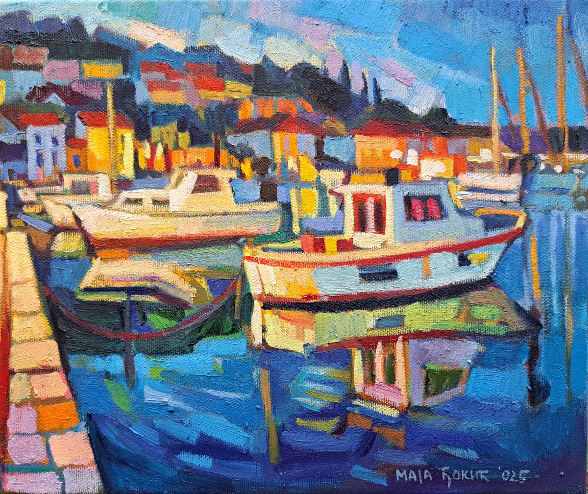 Impressionistic Landscape Oil Painting By Maja ?okic Mihajlovic, 12 X 10", Night In The Harbor, Original Artwork