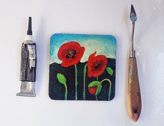 Red Poppies - Miniature original painting 10x10cm