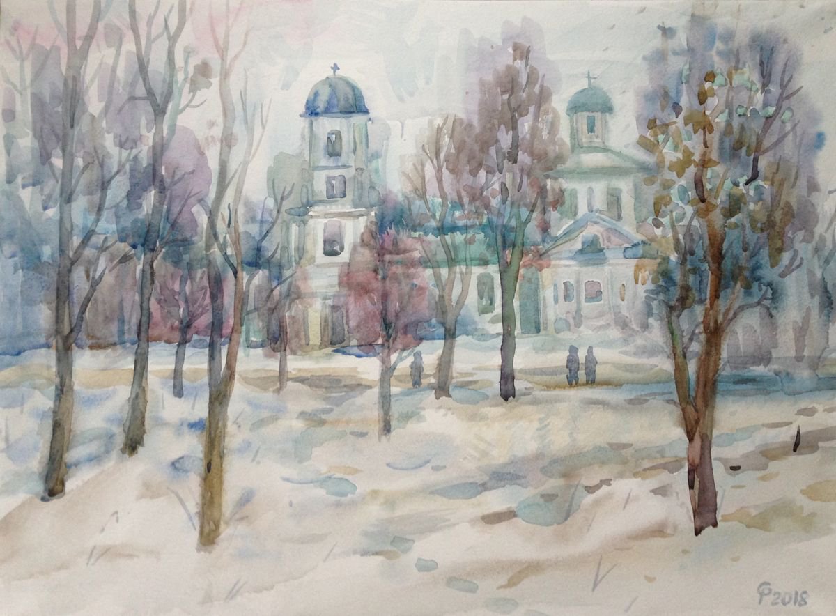 Snow in the City Park,49x36 cm,free shipping by Roman Sergienko