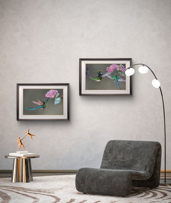 Colibri Flowers Diptych Pastel