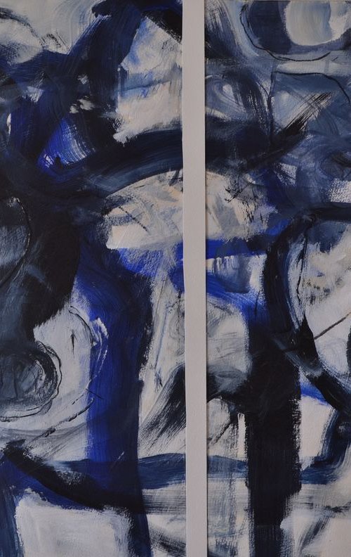 Interloop -  large gestural acrylic abstract Diptych in blue and white by Karin Goeppert
