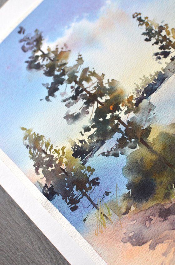 Lake and Pines / Watercolor landscape / Forest / water and sky