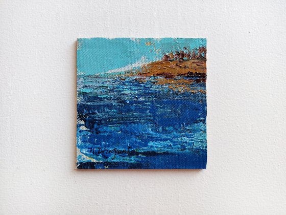 Ocean landscape art painting original 4x4, Abstract art landscape wall art mini painting, One of kind gift
