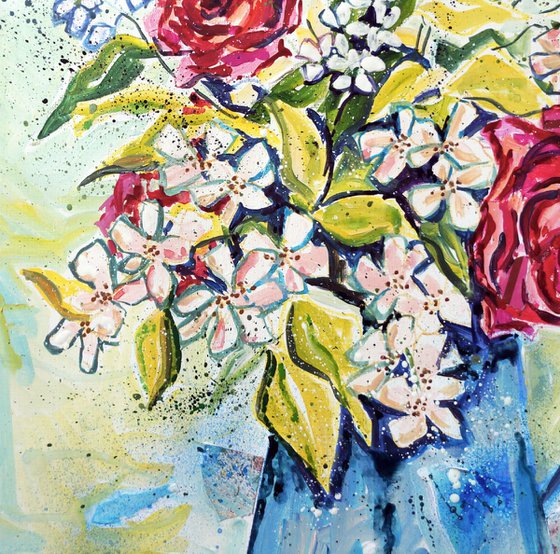 Summer flowers in a blue jug