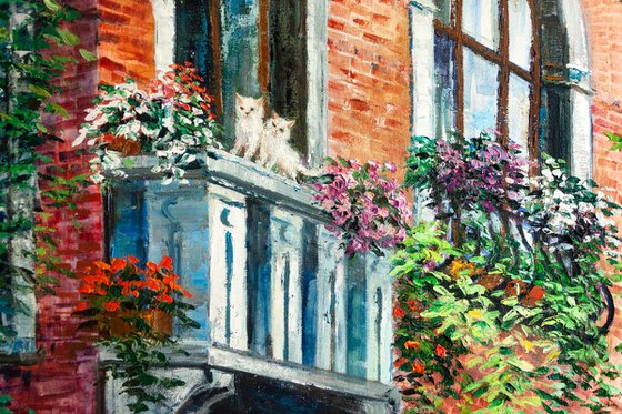 "Cats in the city" old town , cityscape, balcony flower