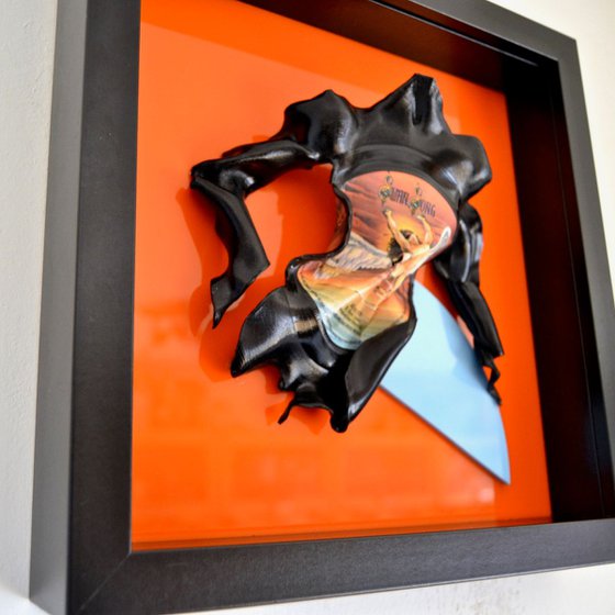 Box Frame Wall Mounted Figurative Abstract Vinyl Music Record Sculpture Orange & Blue